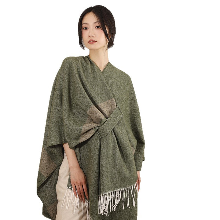 Women Woven Wool Blend Ruana with Diagonal Stripes and Fringes Mune Fashion