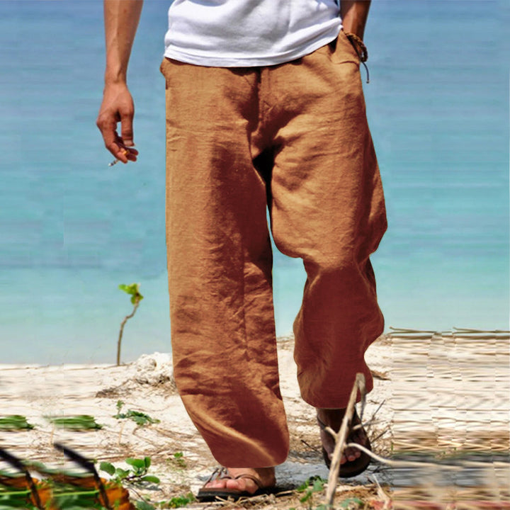 Men's casual beach pants in palazzo cut made of breathable linen-cotton blend with comfort waistband Mune Fashion