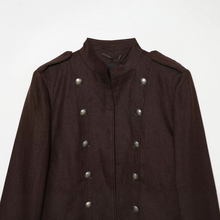 Women's Cropped Field Jacket in Military Style with Stand-Up Collar, Epaulettes and Double Decorative Button Placket Drune