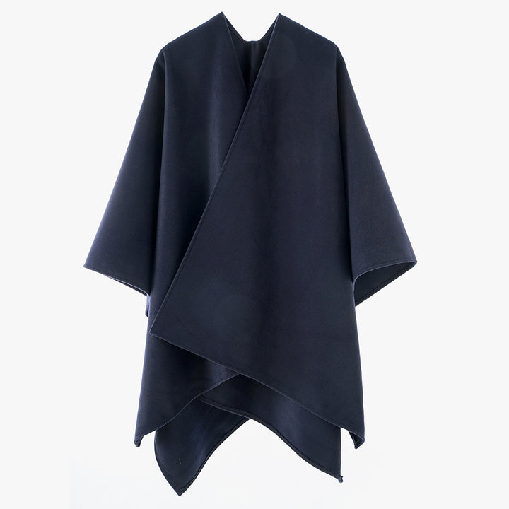 Women Minimalist Wrap Cape made of Wool Blend with V-Neck and Asymmetrical Hem Mune Fashion