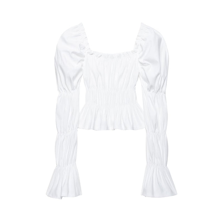 Women's Ruched Carmen Crop Top with Puff Sleeves, Smocked Waist and Tiered Sleeves Mune Fashion