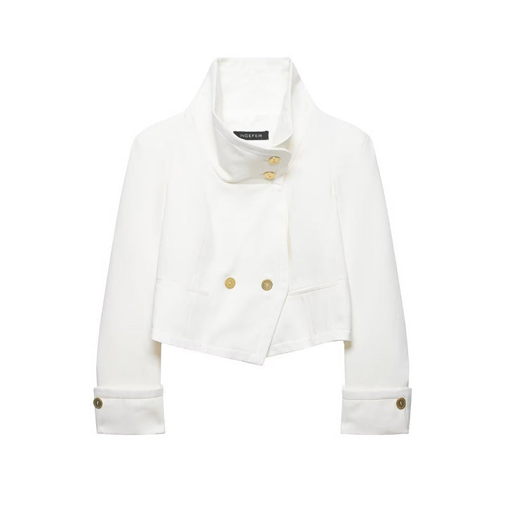 Women's short blazer with stand-up collar, double-breasted button placket and golden decorative buttons Mune Fashion