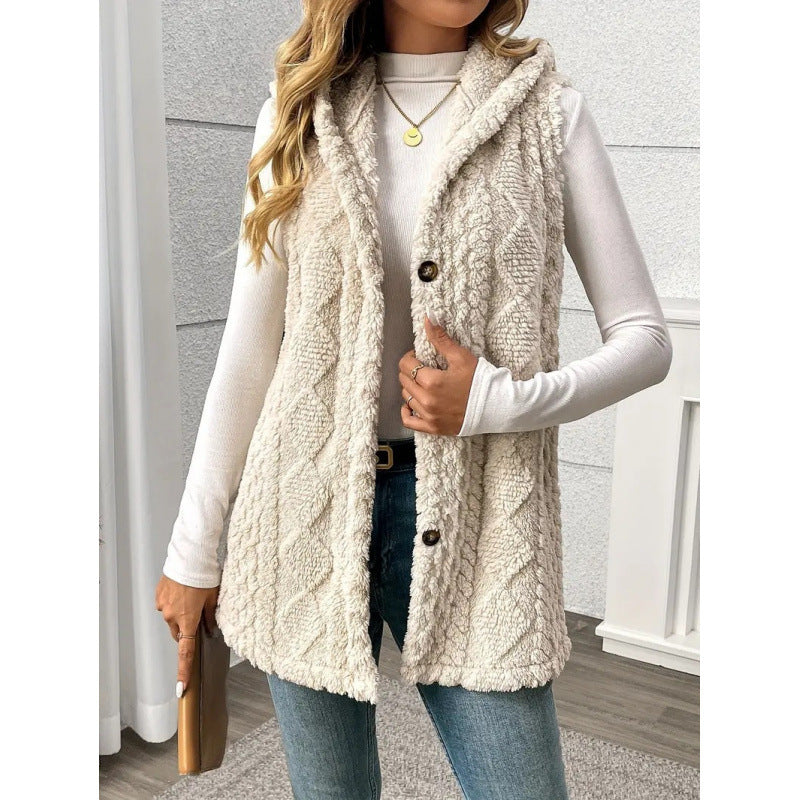 Women's Hooded Teddy Vest with Structured Cable Knit Pattern and Decorative Button Placket Mune Fashion