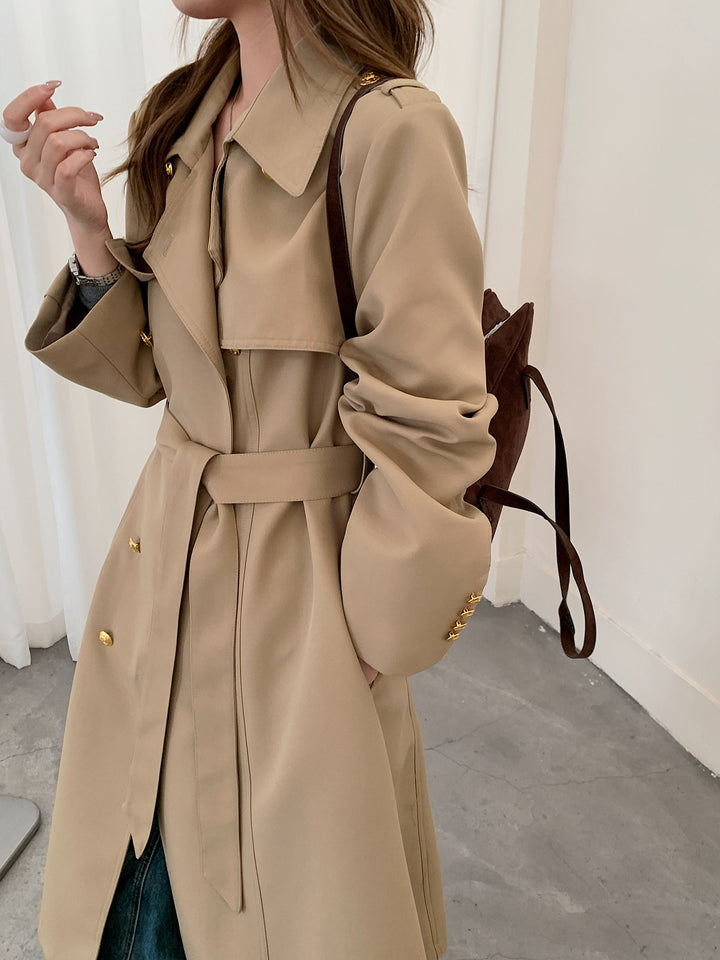 Women's Tailored Trench Coat with Tie Belt and Golden Button Details Mune Fashion