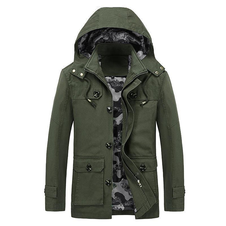 Men's mid-length canvas field jacket with hood, cargo pockets and camouflage lining Mune Fashion