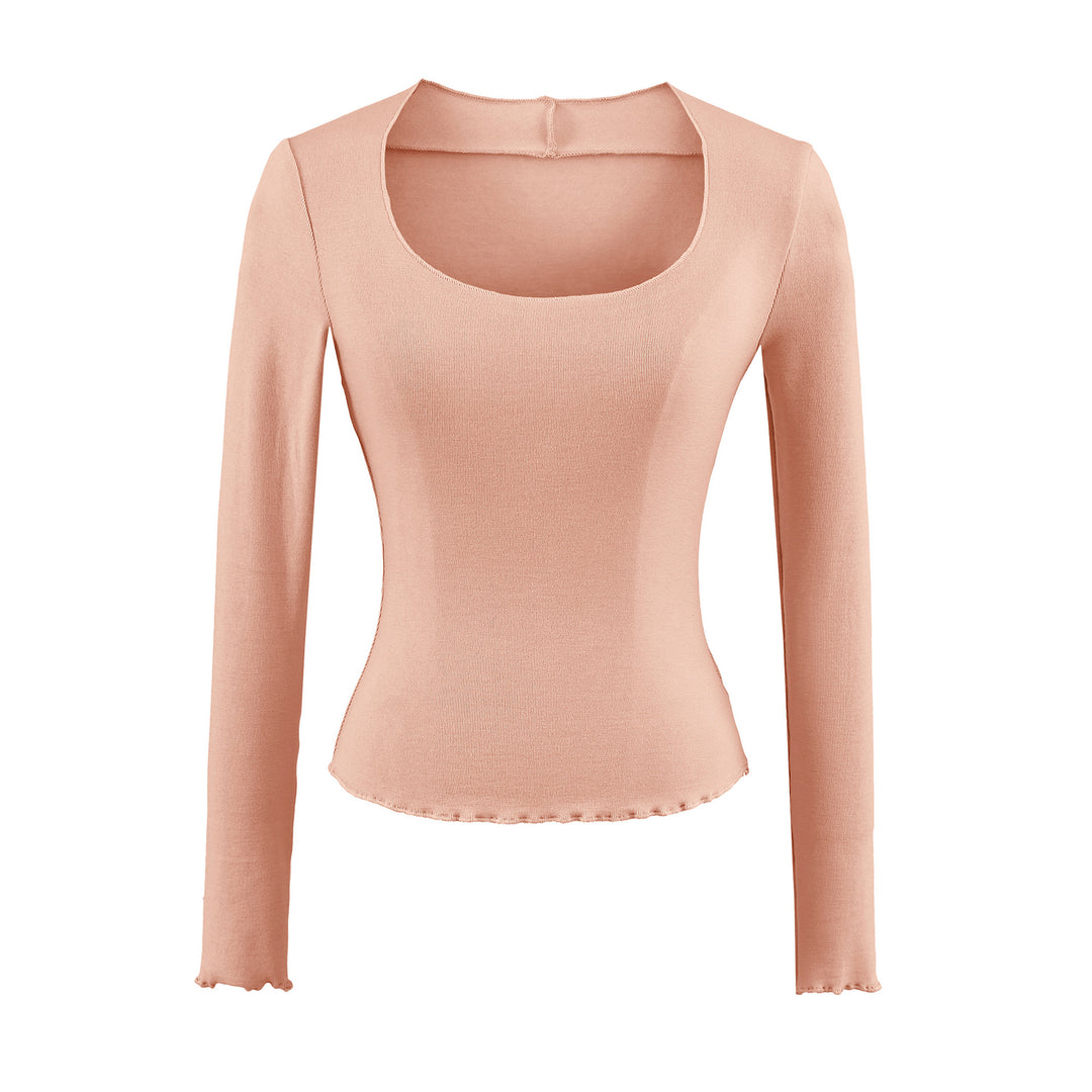 Women Fitted Long Sleeve Fine Knit Top with Square Neckline and Wave Hem Mune Fashion