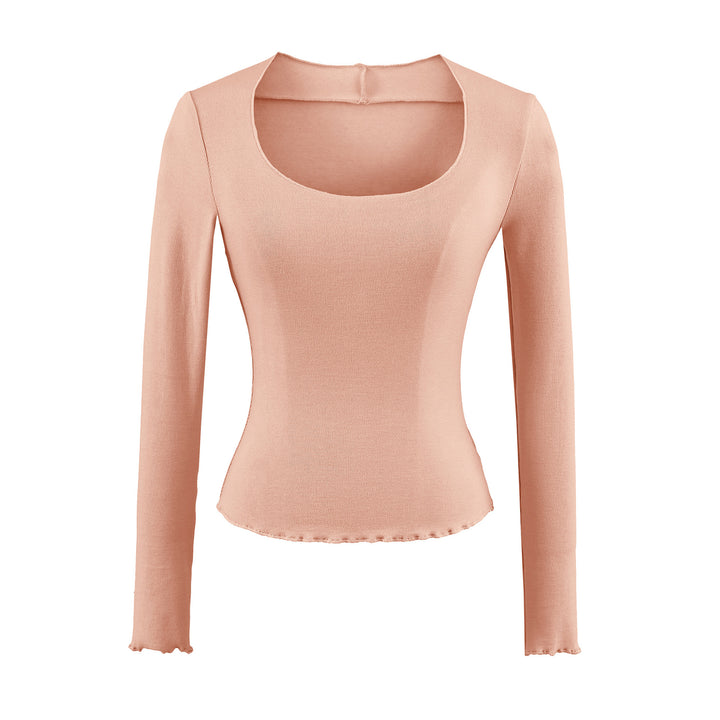 Women Fitted Long Sleeve Fine Knit Top with Square Neckline and Wave Hem Mune Fashion