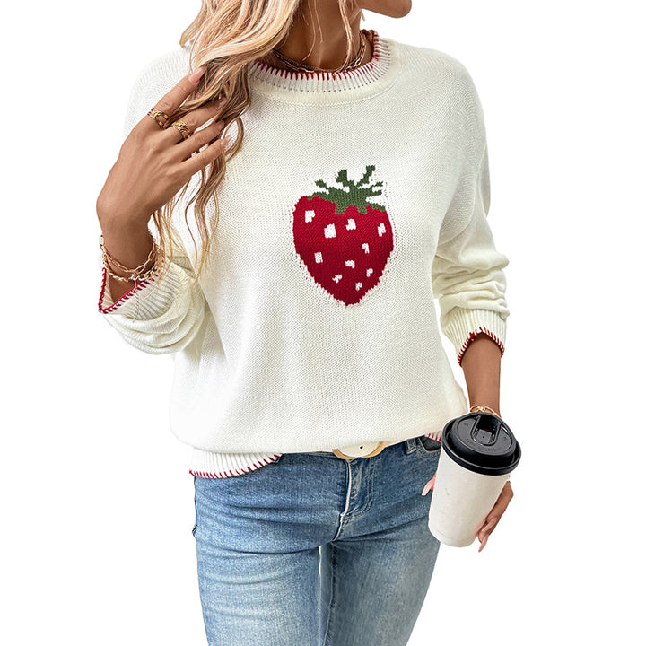 Women Playful Sweater with Strawberry Motif Mune Fashion