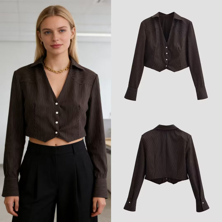 Ladies short blouse in pinstripe look with tailored cut and pointed hem Mune Fashion