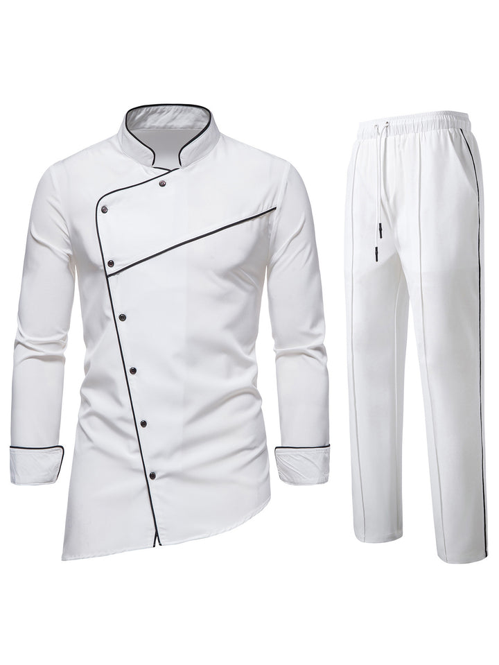 Men's chef jacket and pants set made of easy-care microfiber with asymmetrical button placket and black piping Mune Fashion