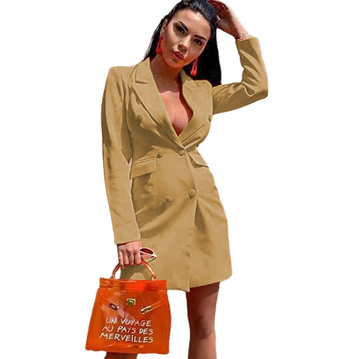Women's Fitted Blazer Dress in Double-Breasted Style with Notched Collar and Flap Pockets