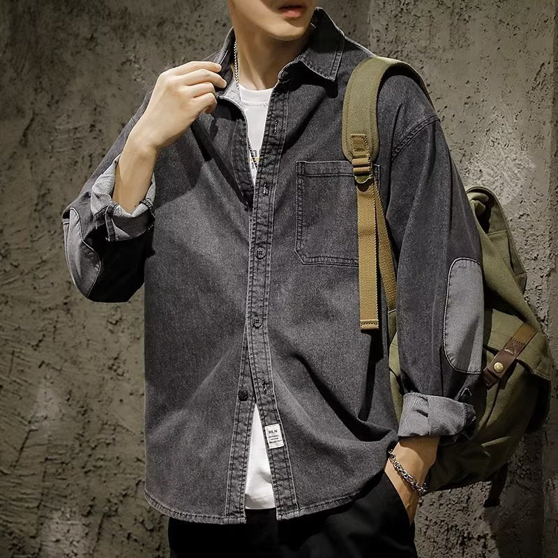 Men's Relaxed Denim Shirt Jacket in Vintage Wash with Elbow Patches and Sewn-On Chest Pocket Mune Fashion