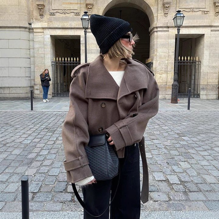 Women's Short Double-Breasted Wool Blend Peacoat with Dropped Shoulders and Epaulettes Mune Fashion