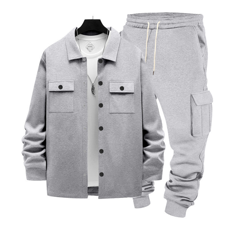 Men's casual cotton blend overshirt and cargo jogger set with drawstring, patch pockets, and elastic cuffs Mune Fashion