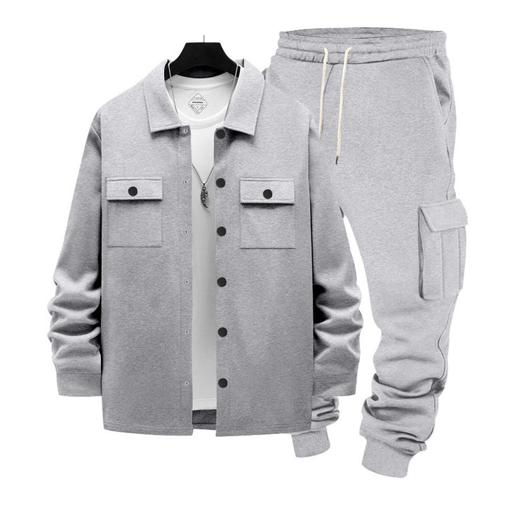 Men's casual cotton blend overshirt and cargo jogger set with drawstring, patch pockets, and elastic cuffs Mune Fashion