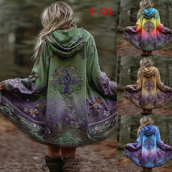 Women’s Boho Hooded Coat in Swing Cut with Tree Motif and Gradient Mune Fashion