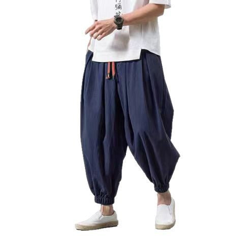 Men's loose harem pants with drawstring, elastic cuffs, and light cotton-linen blend Mune Fashion