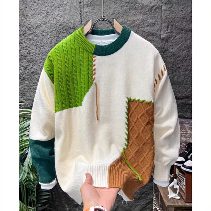 Unisex Patchwork-Oversize-Knitted Sweater with Cable and Diamond Pattern, Decorative Contrast Seams and Round Neckline Mune Fashion