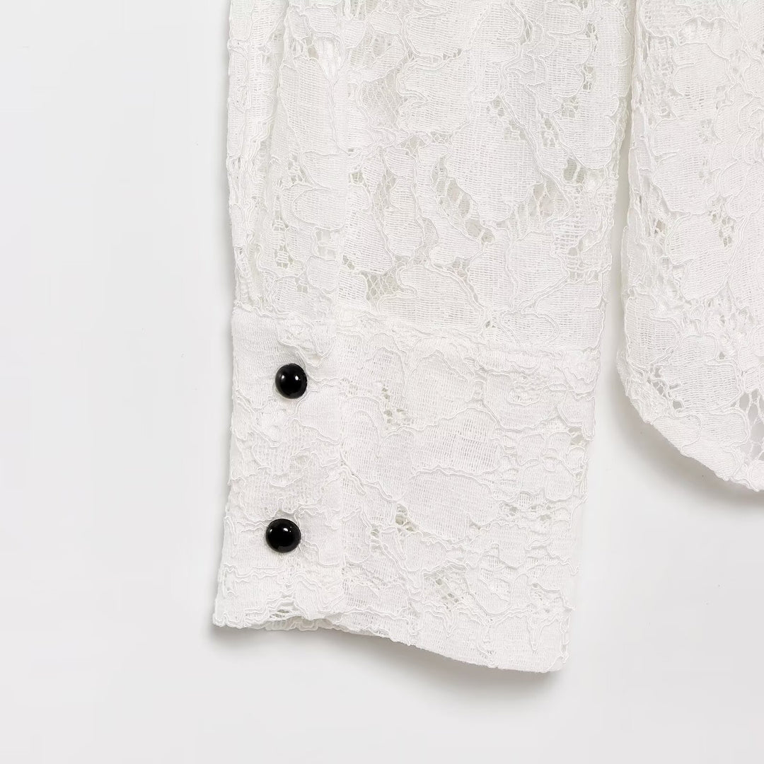 Women's Transparent Lace Blouse with Continuous Decorative Button Placket and Bow Applications Mune Fashion