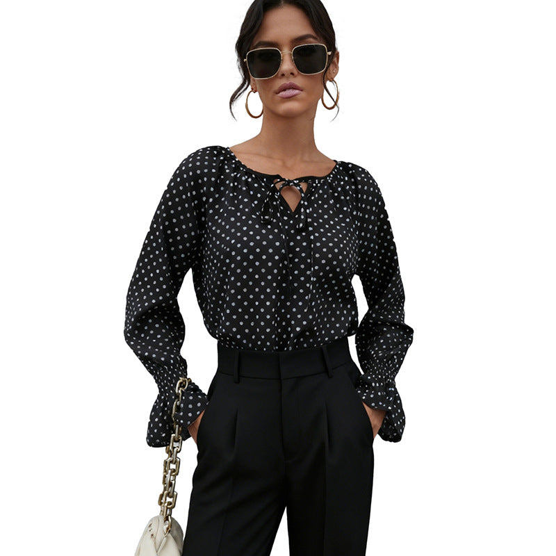 Ladies chiffon blouse with polka dots, BindMune fashion and neckline and smocked cuffs Mune Fashion
