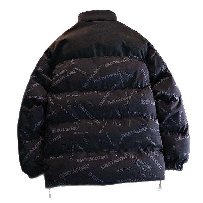 Unisex Padded Quilted Jacket with Allover Logo Print, High Stand-Up Collar & Adjustable Hem Mune Fashion