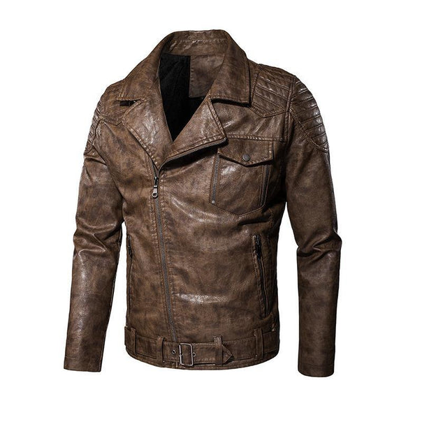 Men's faux leather biker jacket with shoulder quilting, asymmetric zipper, and adjustable belted waist Mune Fashion