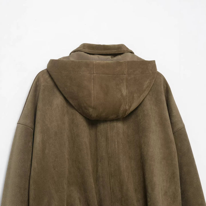 Women Oversize-Cropped Suede Look Jacket with Hood and Flap Pockets Mune Fashion