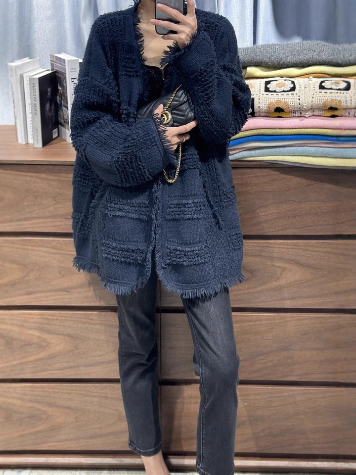 Women Oversized Knit Cardigan with Structured Check Pattern Look, Fringes and Patch Pockets Mune Fashion