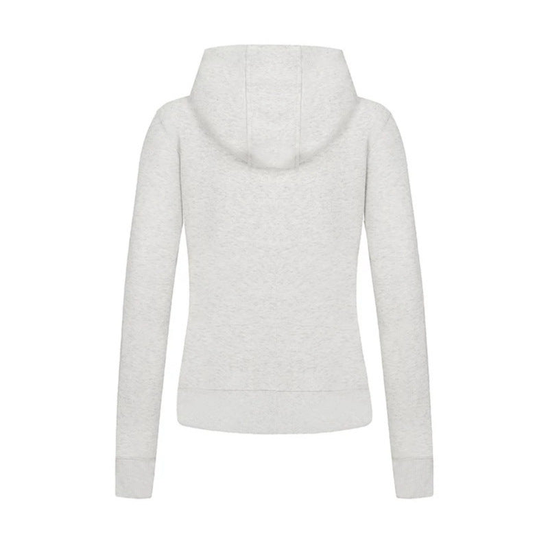 Ladies hooded sweatshirt jacket in military style with stand-up collar, decorative straps, and continuous zipper Mune Fashion