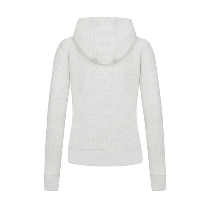 Ladies hooded sweatshirt jacket in military style with stand-up collar, decorative straps, and continuous zipper Mune Fashion