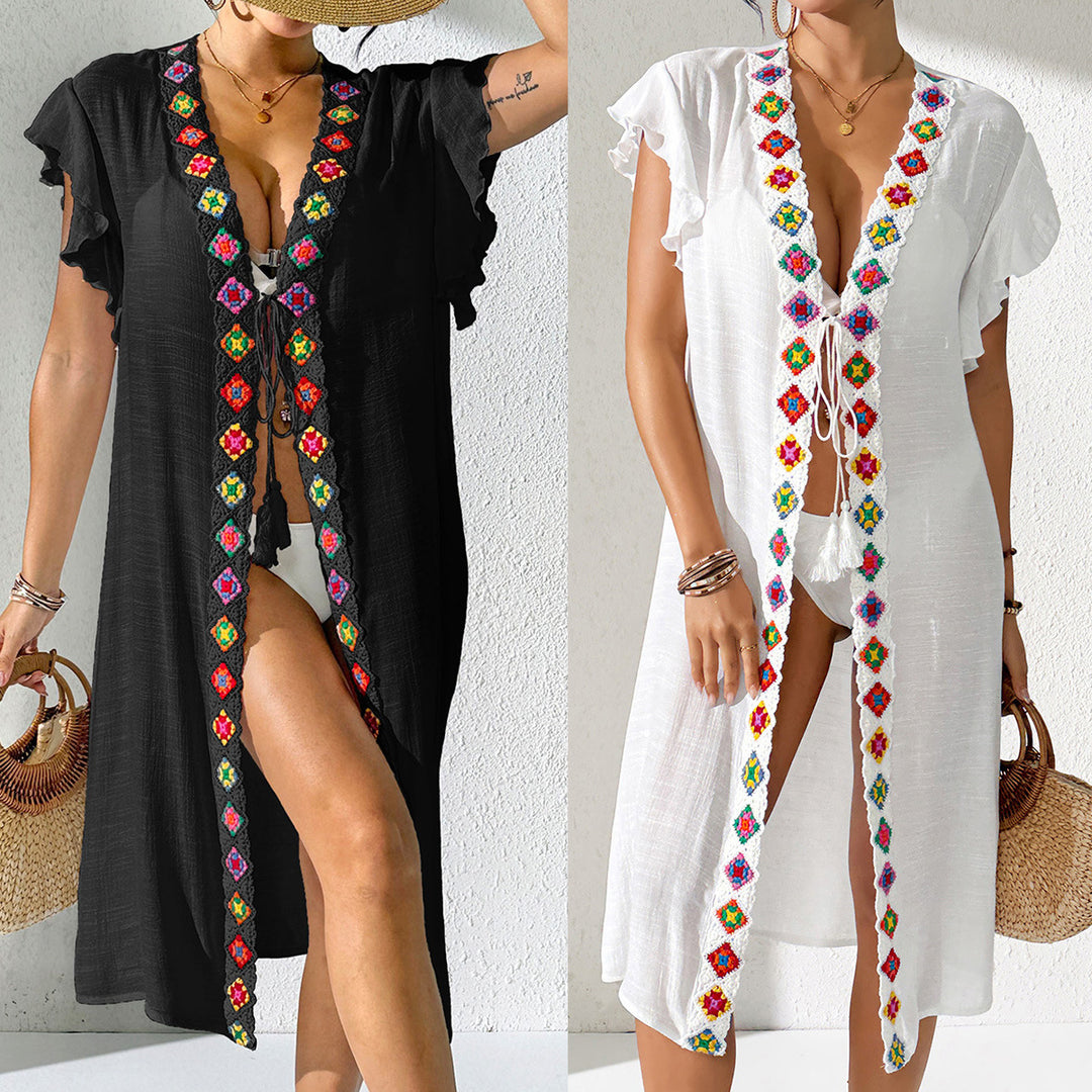 Women's casual beach cover-up with colorful crochet appliqués Mune Fashion