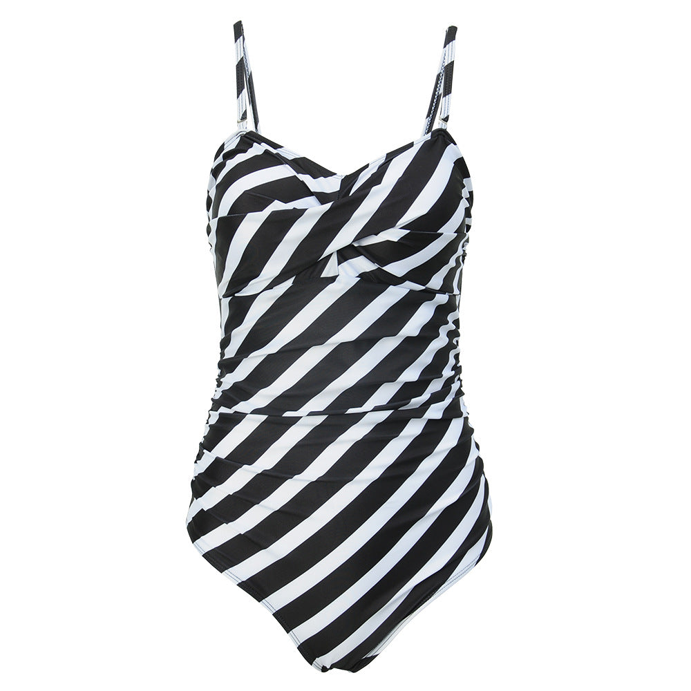 Women One-Piece Wrap Swimsuit with Striped Pattern Mune Fashion