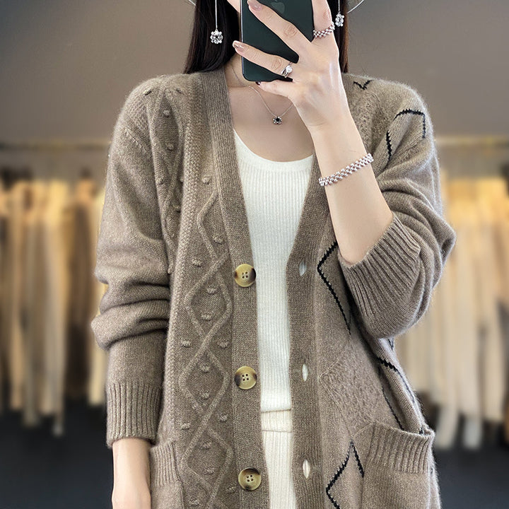 Ladies Cozy Oversized Cardigan with Openwork and Diamond Detail Mune Fashion