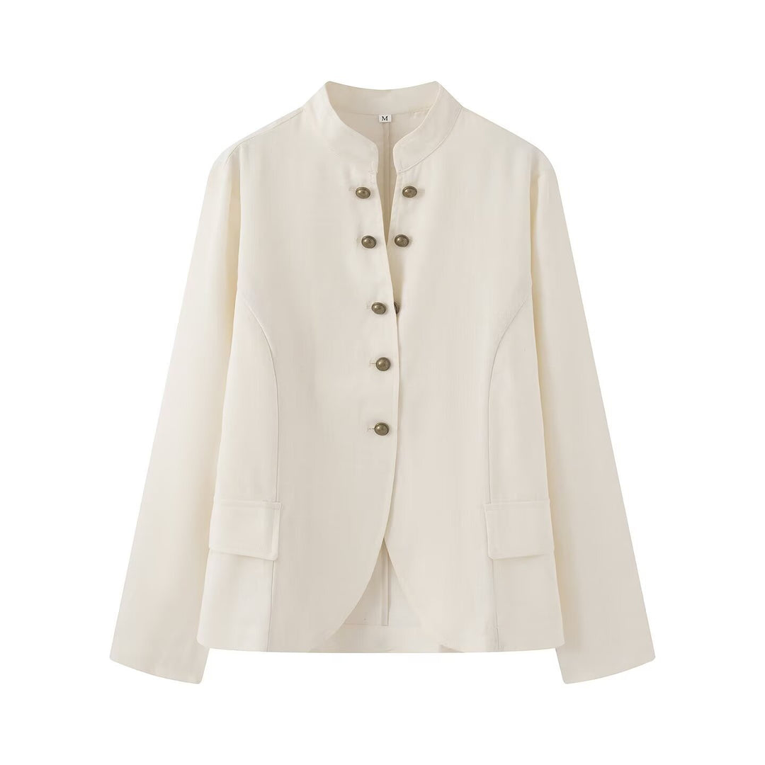 Women Elegant Short Jacket with Standing Collar, Decorative Toggle Buttons and Flap Pockets Drune