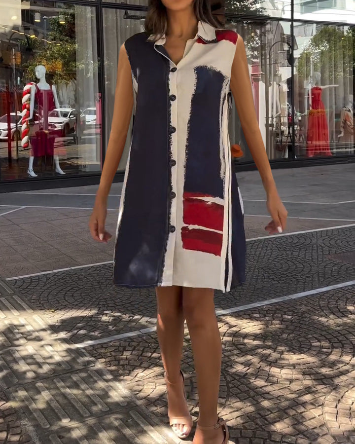 Women's sleeveless shirt tunic dress with collar, full button placket and graphic block print Mune Fashion