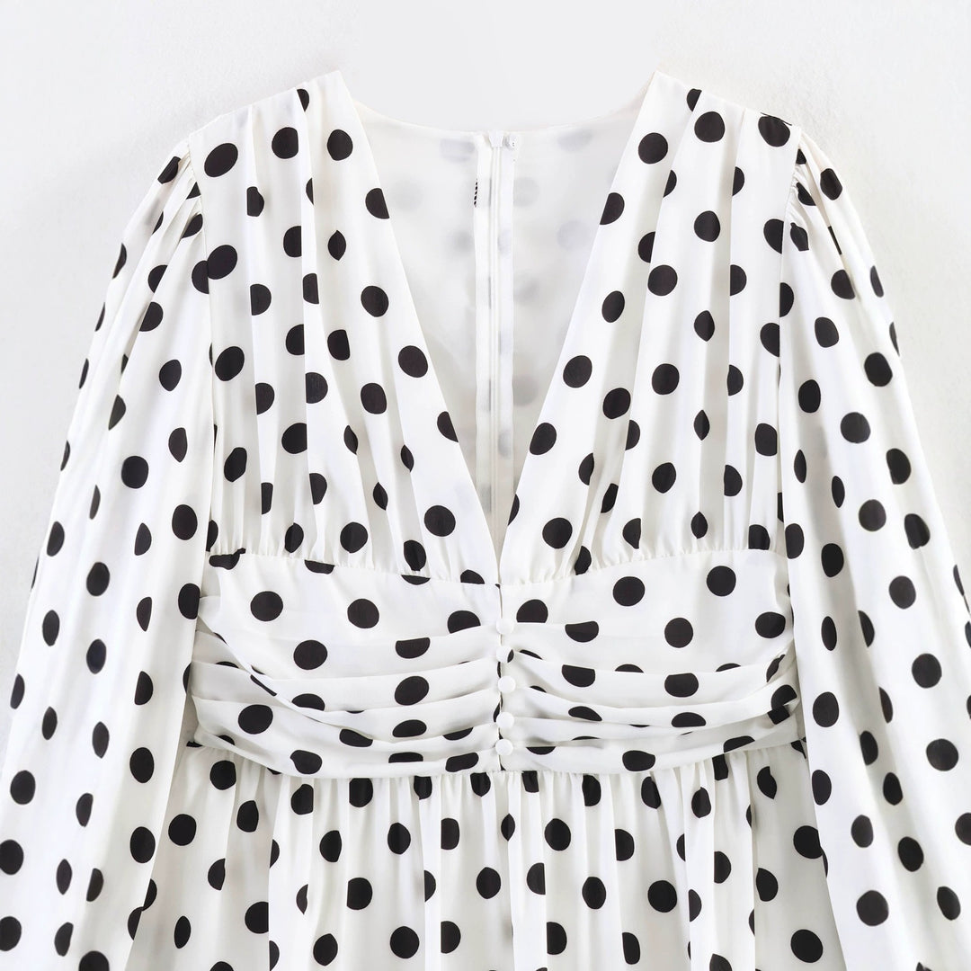 Ladies Polka Dot Blouse with Deep V-Neck, Gathered Waistline and Voluminous Balloon Sleeves Mune Fashion