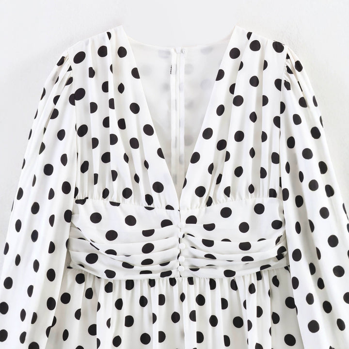 Ladies Polka Dot Blouse with Deep V-Neck, Gathered Waistline and Voluminous Balloon Sleeves Mune Fashion