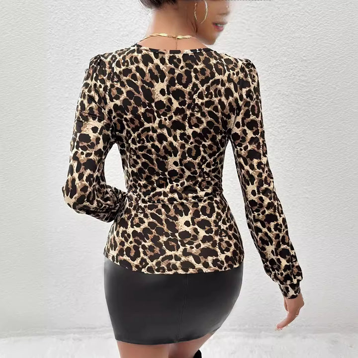 Women's tailored long sleeve bodysuit with lace V-neck and leopard print Mune Fashion