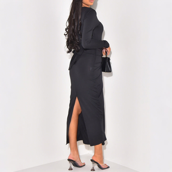 Ladies' gathered maxi dress with knot front, fitted silhouette and side slit Mune Fashion