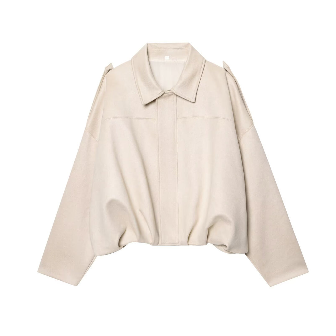 Women's Cropped Suede Look Blouson Jacket with Waist Smocking and Shoulder Patches Mune Fashion