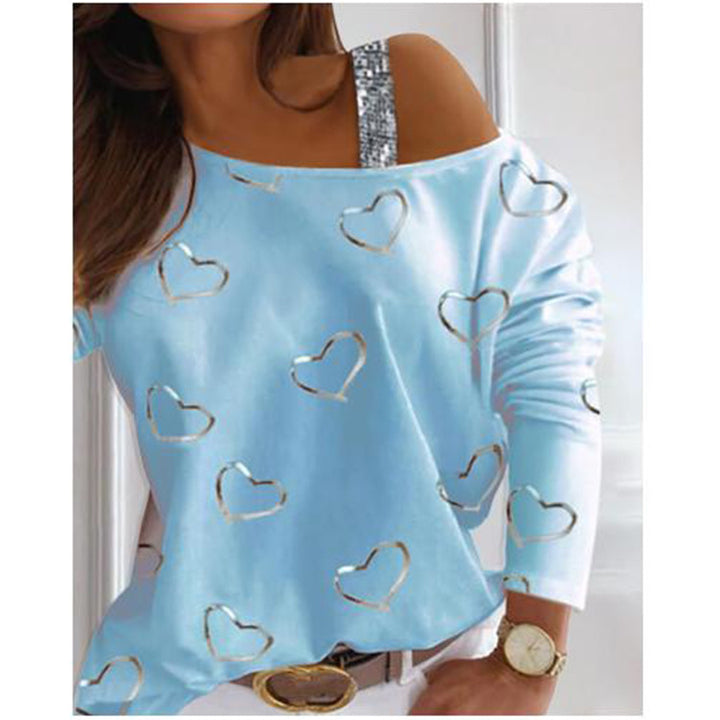 Women Off-Shoulder Knit Sweater with Heart Print and Sequin Straps Mune Fashion