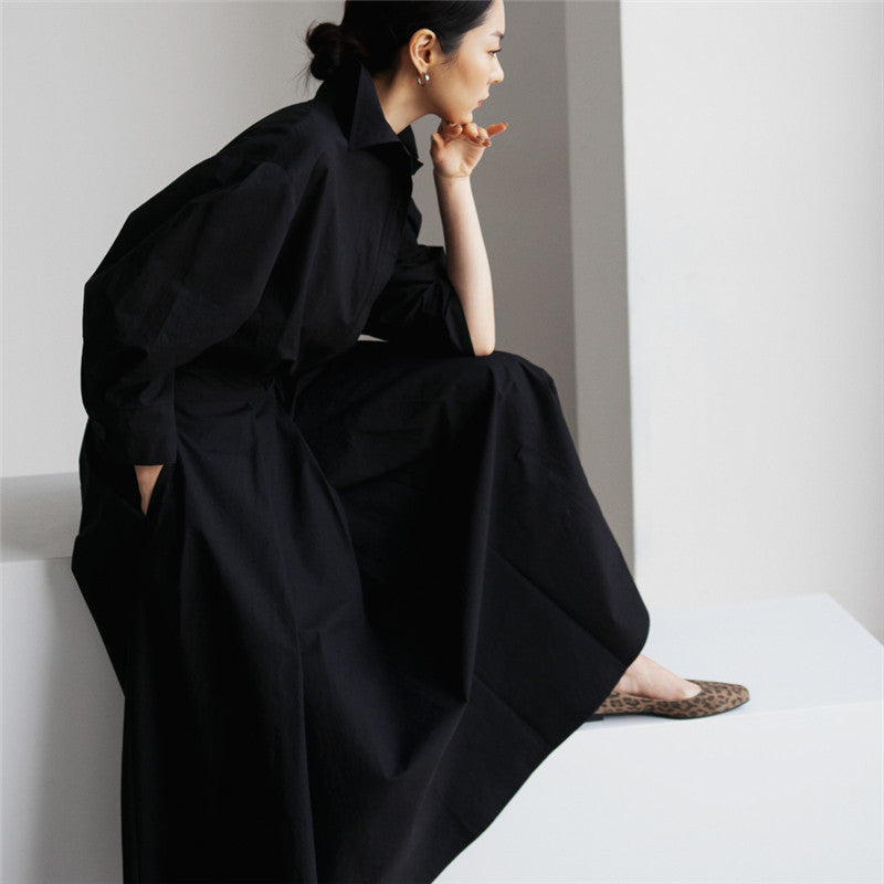 Women's collar blouse dress with tailored button placket and wide pleated skirt Mune Fashion
