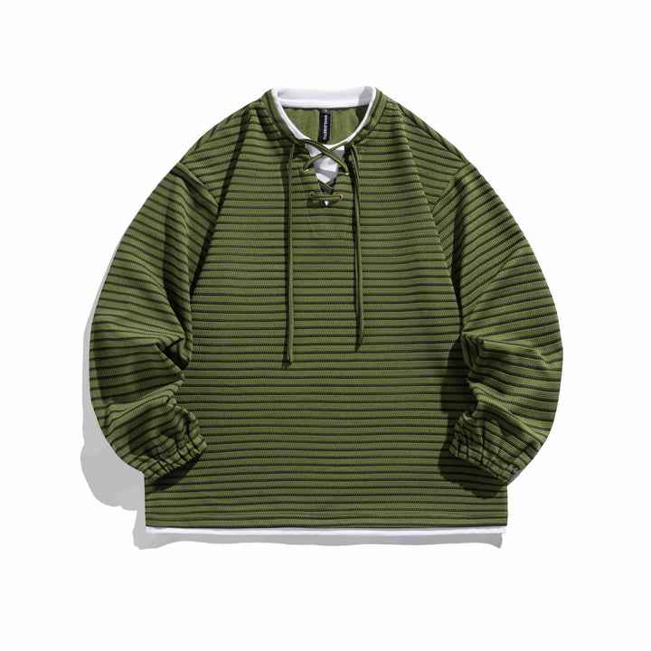Unisex Striped Waffle Knit Pullover with Lace-up Closure and Raglan Sleeves Mune Fashion