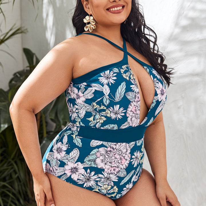 Women’s Sporty Swimsuit with Deep V-Neck and Floral Design Mune Fashion