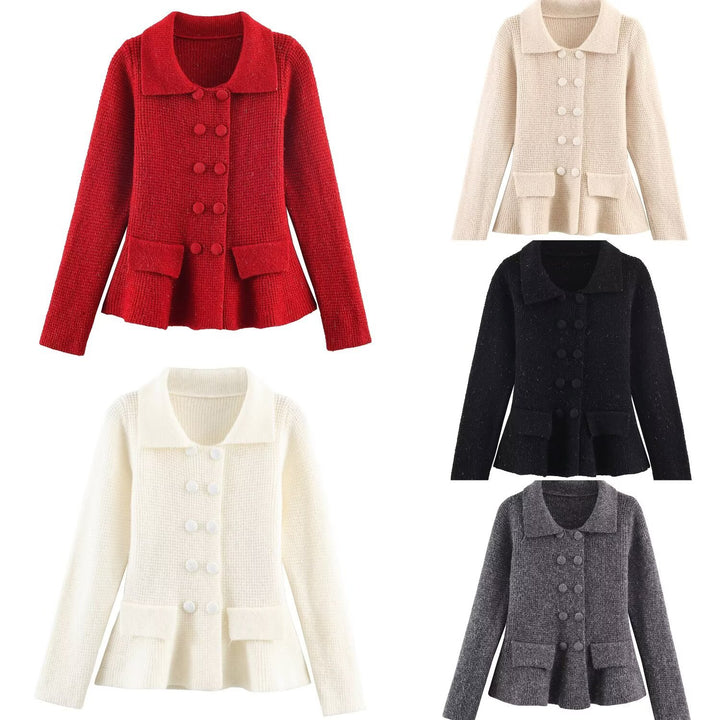 Women's Double-breasted Boucle Jacket with Peplum, Applied Pockets and Shirt Collar Mune Fashion