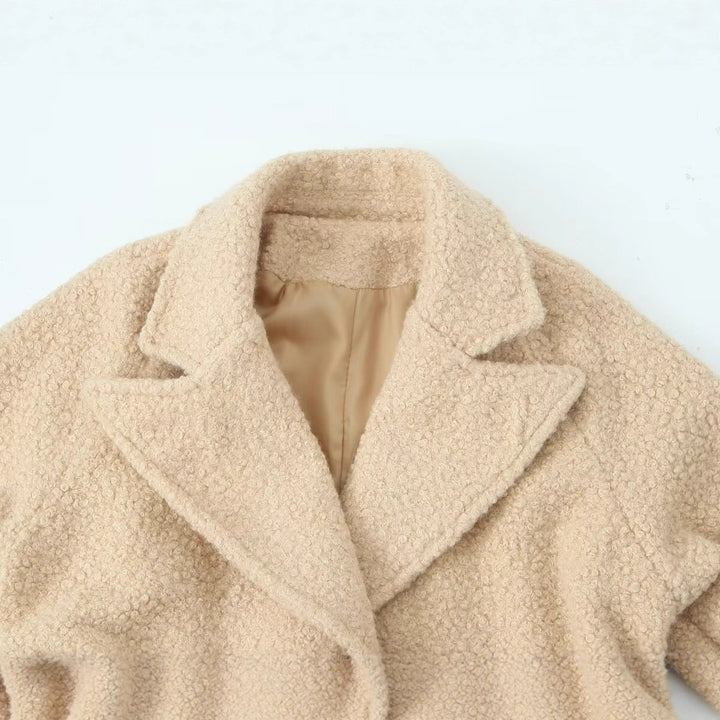 Women's Double-Breasted Teddy Coat with Tie Belt and Buckle Sleeves Mune Fashion