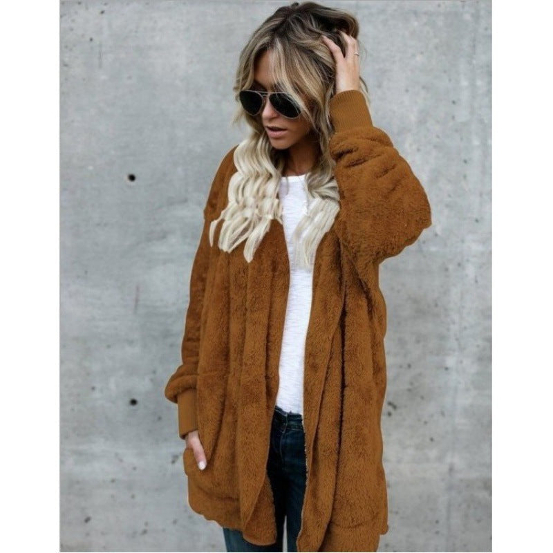 Women's Cozy Teddy Fleece Cardigan with Hood, Oversized Cut and Patch Pockets Mune Fashion