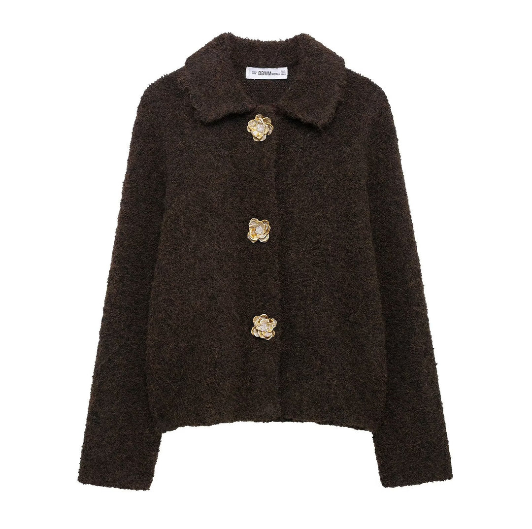Women's short bouclé jacket with decorative flower buttons and round shawl collar Mune Fashion