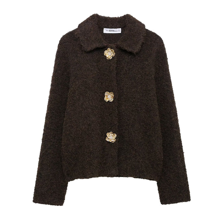 Women's short bouclé jacket with decorative flower buttons and round shawl collar Mune Fashion