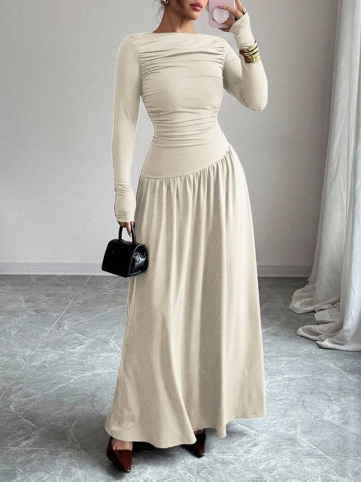Ladies Maxi Dress with Ruched Bodice, Fitted Waist and Long Sleeve Mune Fashion